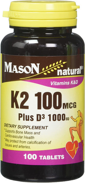 Mason Natural Vitamin K2 100 mcg Plus D3 1000 IU Tablets 100 Count per Bottle Pack of 3 Total 300 Tablets