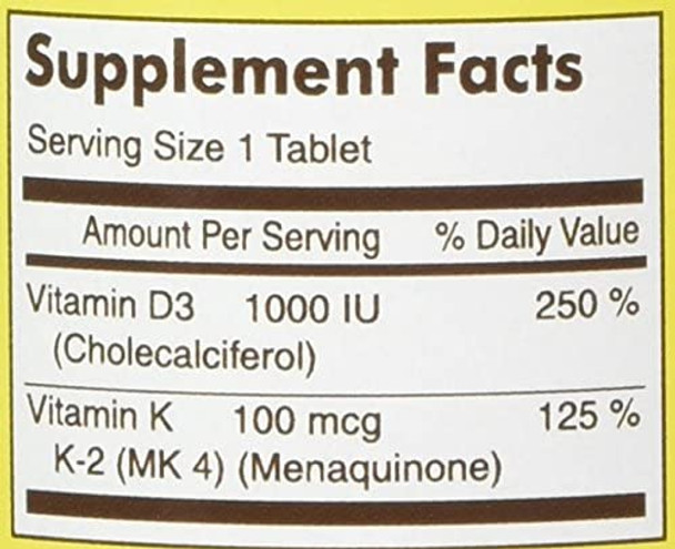 Mason Natural Vitamin K2 100 mcg Plus D3 1000 IU Tablets 100 Count per Bottle Pack of 3 Total 300 Tablets