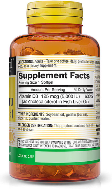 Mason Natural Vitamin D3 125 Mcg (5000 Iu) - Supports Overall Health, Strengthens Bones And Muscles, From Fish Liver Oil, 50 Softgels (Pack Of 3)