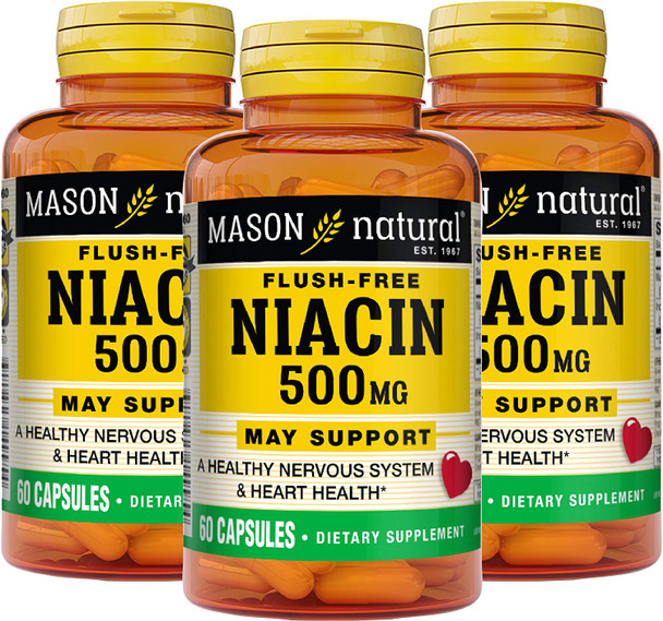 Mason Natural Niacin 500 Mg Flush Free - Supports Healthy Nervous System And Heart, Improved Energy Production, 60 Capsules (Pack Of 3)