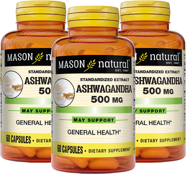 Mason Natural Ashwagandha Powder 500 mg - Healthy Stress Response and Mood Support, Herbal Supplement, 60 Capsules (Pack of 3)