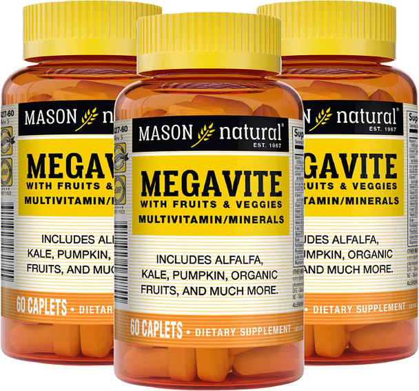 Mason Natural Megavite Multivitamin/Minerals With Fruits & Veggies - 21 Essential Nutrients, Whole Food Multivitamin, Supports Overall Health, 60 Caplets (Pack Of 3)