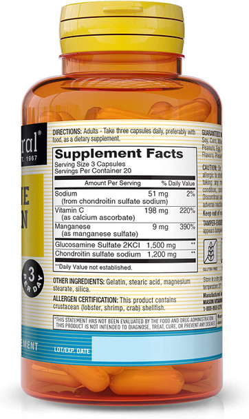 Mason Natural Glucosamine Chondroitin 1500/1200 3 Per Day with Vitamin C - Supports Joint Health, Improved Flexibility and Mobility*, 280 Capsules