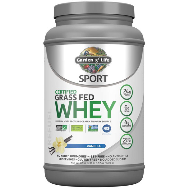 Garden of Life Sport Certified Grass Fed Clean Whey Protein Isolate, Vanilla, 22.57 Ounce