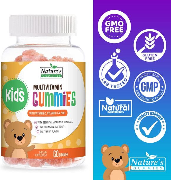 Nature's Gummies Daily Multivitamin for Kids + Vitamins C, D3 & Zinc for Immune Support - Children's Multivitamin Chewable, Gluten Free, Non-GMO, Tasty Strawberry Flavored - 60 Gummies