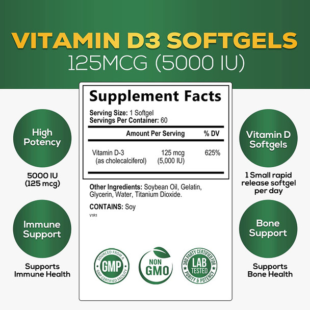 Vitamin D3 5000 IU (125 mcg) - Nature's Dietary Supplement for Bone, Teeth, Muscle & Immune Health Support, Non-GMO & Gluten-Free Vitamin D - 60 Softgels, 2 Month Supply