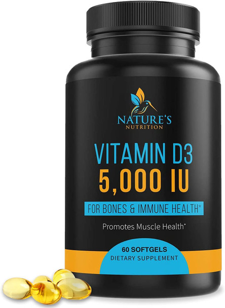 Vitamin D3 High Potency 5000 IU - 125 mcg Immune Support - Bone & Muscle Function Support - Gluten Free Daily Vitamin D Supplements - 60 Mini softgels