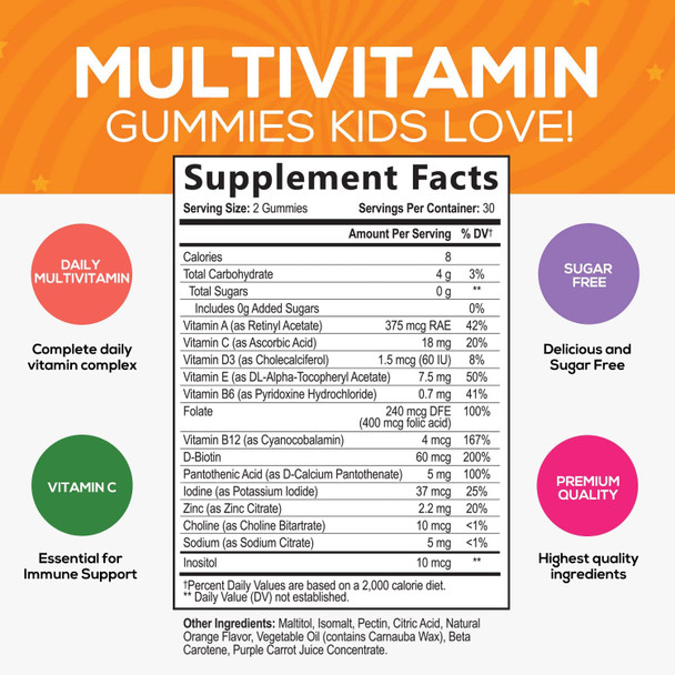 Kids Multivitamin Gummies - Sugar Free Immune Support - Natural Complete Daily Supplement - Multi with Vitamins A, C, E, D3 B6, B12, Zinc Natural, for Boys and Girls, Vegetarian, Non-GMO - 60 Gummies