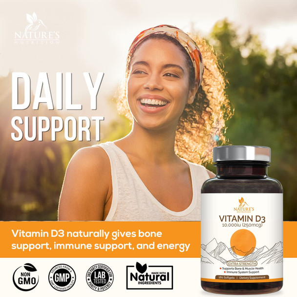 Vitamin D3 10000 IU (250 mcg), High Potency Vitamin D for Immune Support - Bone, Teeth and Muscle Support, Premium D Vitamin in Cold-Pressed Olive Oil, by Nature's Supplement - 180 Softgels