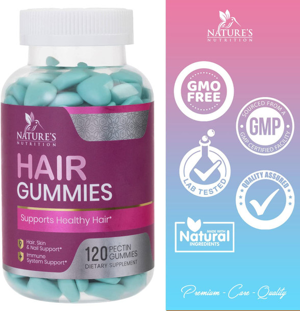Hair Growth Vitamins Gummies with Biotin 5000 mcg Vitamin E & C, Premium Vegetarian, Non-GMO, Support for Stronger, Beautiful Hair, Skin & Nails, Women's Berry Supplement - 120 Gummy Hearts