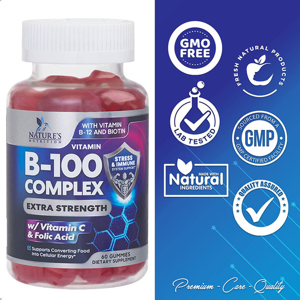 B Complex Gummies Extra Strength Vitamin B Gummy - Tasty Raspberry Vitamins with Niacin, B6, Folic Acid, B12 and Biotin - Best Energy Support and Immune Support for Women and Men - 60 Gummies
