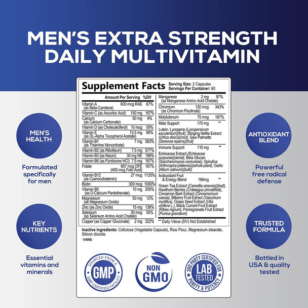 Multivitamin For Men - Daily Energy Extra Strength Vitamin Health For Men - With Vitamins A, C, D, E, B12, Zinc, And Minerals - Multimineral Non Gmo Multivitamin Supplement Made In Usa - 120 Count