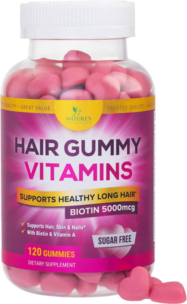 Hair Gummy Vitamins, Sugar Free with Biotin 5000 mcg, Vitamin A, B12, C, D, E, Folic Acid, Supports Hair Growth, Vegetarian Friendly, Supports Strong Beautiful Hair and Nails, Non-GMO - 120 Gummies