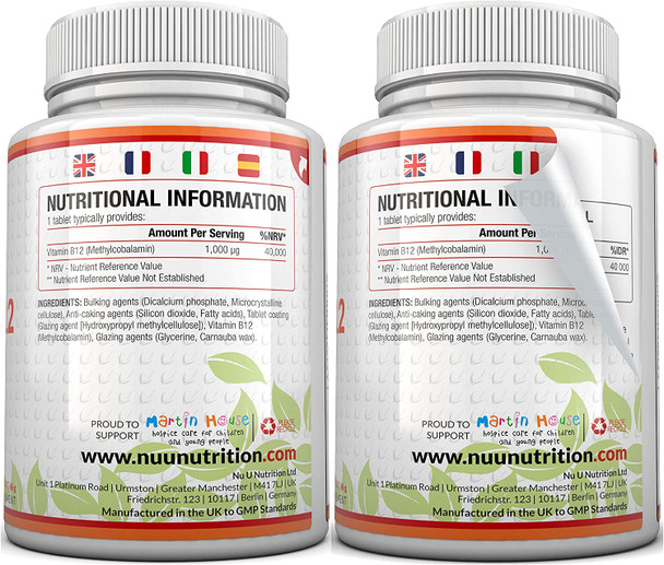 Vitamin B12 1000g - High Strength B12 Methylcobalamin - 180 Vegetarian Tablets (6 Month Supply) - Made in The UK by Nu U Nutrition