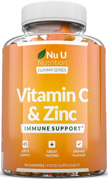 Vitamin C and Zinc Gummies for Adults & Kids - 90 Gummies - 45 Day Supply - 60mg Vitamin C as Ascorbic Acid - Orange Flavoured Chewable Gummy Supplement