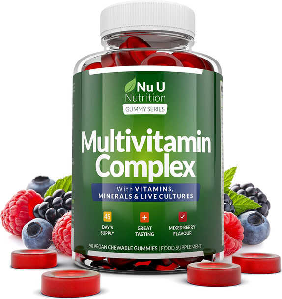 Multivitamin Gummies for Adults & Kids - 50% More Gummies, 45 Day Supply - 90 Chewable Berry Flavoured Gummies - 20 Essential Vitamins, Minerals & Bio Cultures Complex Including - Vegan Friendly