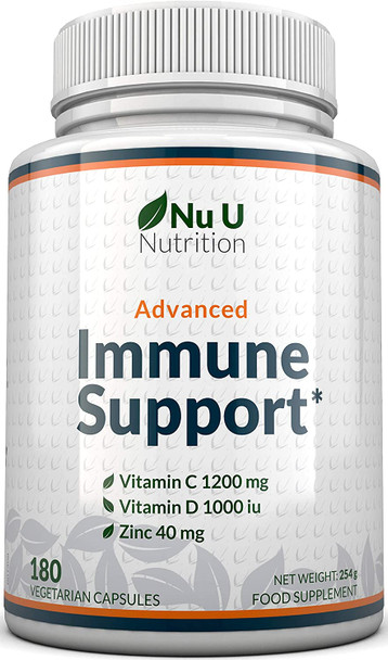 Immune Support - Vitamin C 1200mg and Zinc 40mg & Vitamin D3 1000IU - 180 Vegetarian Capsules - 3 Month Supply - Made in The UK by Nu U Nutrition