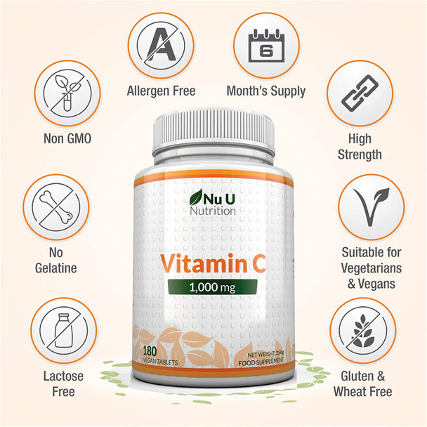 Vitamin C 1000mg | 180 Tablets (6 Month's Supply) | Ascorbic Acid, Suitable for Vegetarians & Vegans by Nu U Nutrition