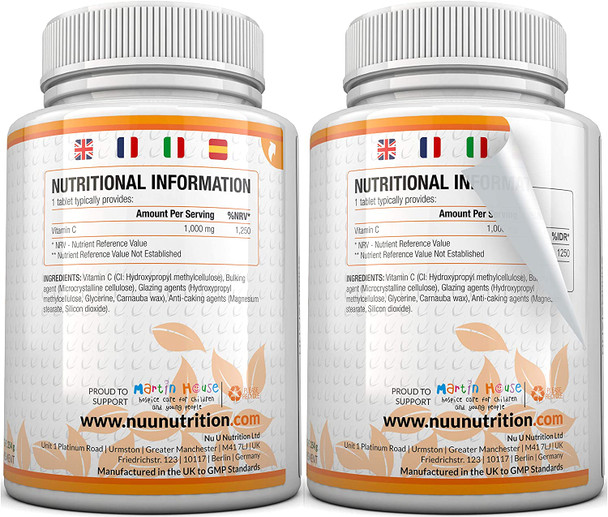 Vitamin C 1000mg | 180 Tablets (6 Month's Supply) | Ascorbic Acid, Suitable for Vegetarians & Vegans by Nu U Nutrition