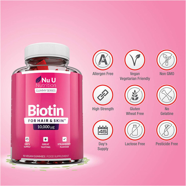 Biotin Hair Gummies - 10,000mcg Biotin - 90 Vegan Gummies not Tablets, 45 Day Supply - Supports Normal Skin & Hair Growth, Chewable Hair Vitamins