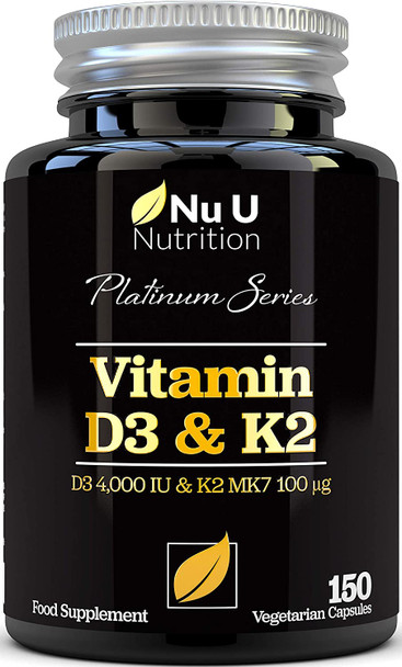 Vitamin D3 4000 IU and Vitamin K2 100g MK7 - 5 Month Supply 150 Capsules - Vitamin D3 & K2 - Quadruple Strength Cholecalciferol - K2 from Natto - Made in the UK