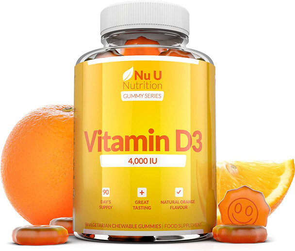 Vitamin D3 Gummies 4000 IU Adults - 90 Gummies - 3 Months Supply - Delicious Natural Orange Flavour - High Strength Vitamin D (Cholecalciferol) Supplement - Vegetarian Chewable VIT D