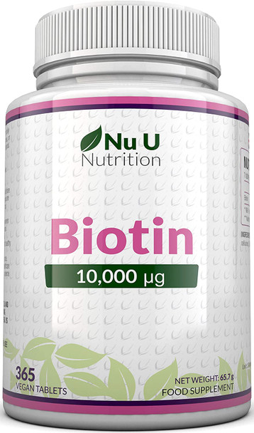 Biotin Hair Growth Supplement - 365 Vegan Tablets (Full Year Supply) - Biotin 10,000mcg by Nu U Nutrition