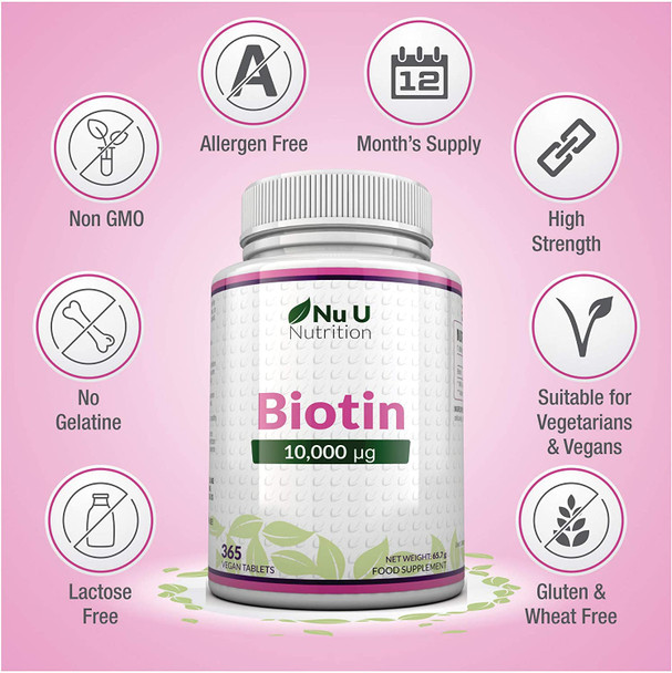 Biotin Hair Growth Supplement - 365 Vegan Tablets (Full Year Supply) - Biotin 10,000mcg by Nu U Nutrition