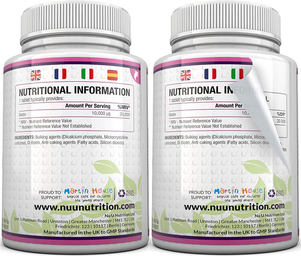 Biotin Hair Growth Supplement - 365 Vegan Tablets (Full Year Supply) - Biotin 10,000mcg by Nu U Nutrition