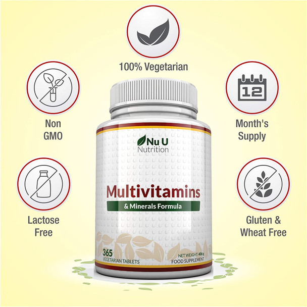 Multivitamins & Minerals Formula | 365 Tablets (Up to 1 Year Supply) | 24 Multivitamins with Iron and Minerals for Men and Women |Suitable for Vegetarians by Nu U Nutrition.