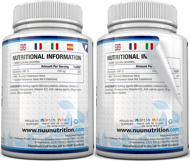 Vitamin K2 MK 7 200mcg - 365 Vegetarian and Vegan Tablets (not Capsules) - One Year Supply of High Strength Vitamin K2 Menaquinone MK7 from Trans-Isomer by Nu U Nutrition