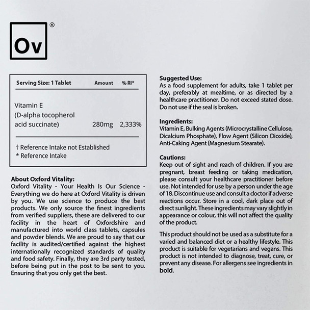 Vitamin E 420 IU Tablets | Prevention of Oxidative Damage | by Oxford Vitality (120)