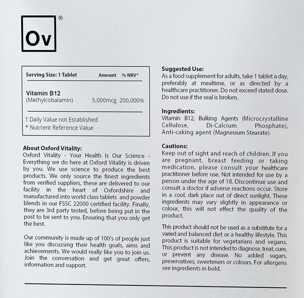 Vitamin B12 Tablet | 5000mcg High Strength Methylcobalamin Supplement for Vegans, Vegetarians, Energy & General Health | Oxford Vitality