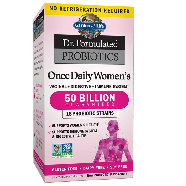 Garden of Life Dr. Formulated Once Daily Women €™s Shelf Stable Probiotics 16 Strains, 50 Billion CFU Guaranteed Potency to Expiration, Gluten Dairy & Soy Free One a Day, Prebiotic Fiber, 30 Capsules