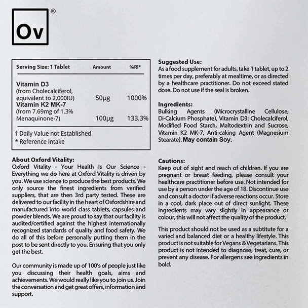 Ov Oxford Vitality Vitamin D3 2000IU and Vitamin K2-MK7 100mcg (500)