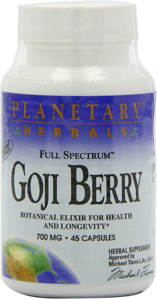 Planetary Herbals Goji Berry Full Spectrum 700mg, Botanical Elixir for Health and Longevity,45 Vegetarian Capsules