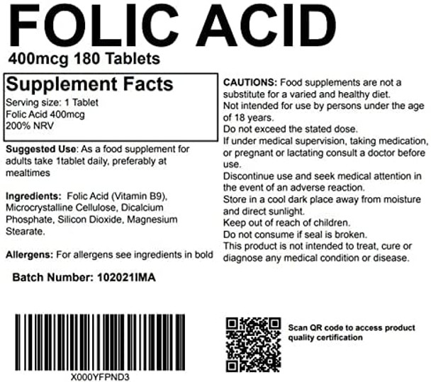 Folic Acid 400mcg 180 Tablets, Pregnancy and Fertility Supplement (Vitamin B9) UK Made. Pharmaceutical Grade