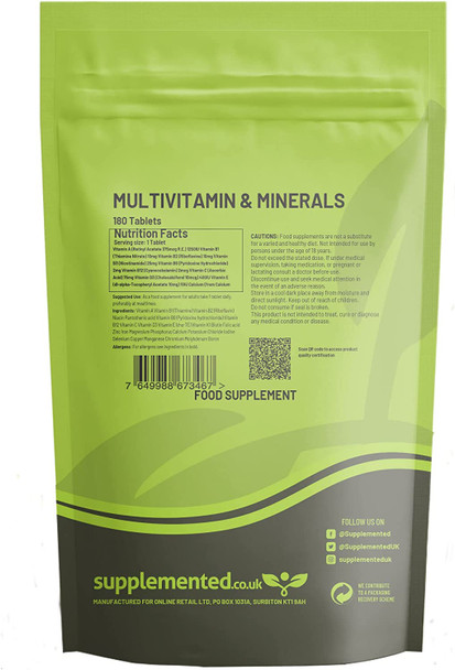 Multivitamins and Minerals 100% RDA 180 Tablets UK Made. Pharmaceutical Grade