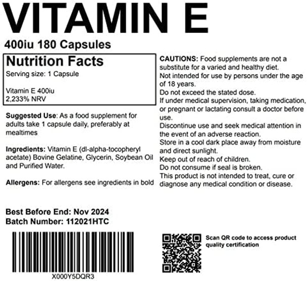 Vitamin E 400iu 360 Softgel Capsules UK Made. Pharmaceutical Grade