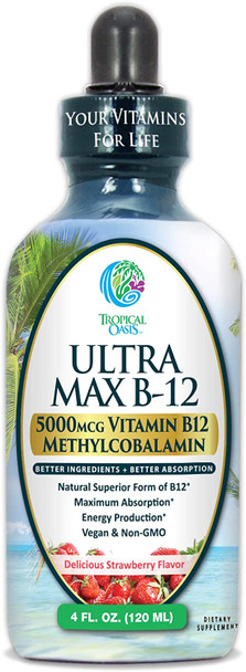ULTRA MAX B12 | Max Potency 5000mcg Vitamin B12 Sublingual Liquid Drops | Methyl B12 (Methylcobalamin) | Max 98% Absorption Rate | Increase Energy & Metabolism*| Vegan, Non-GMO, Strawberry flavor -4oz