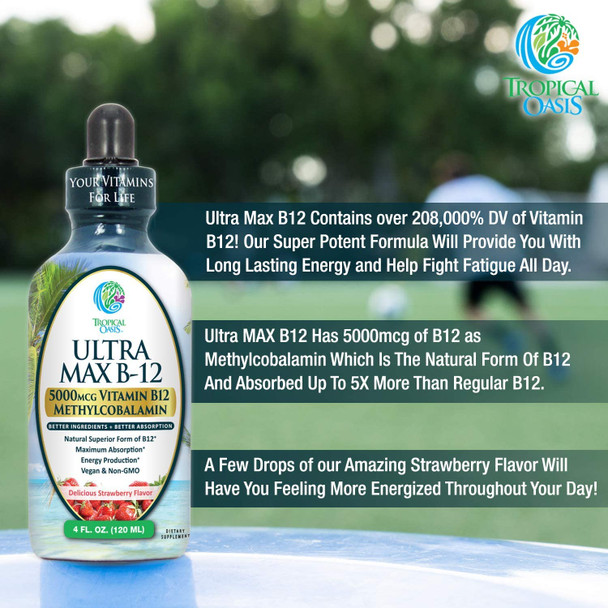 ULTRA MAX B12 | Max Potency 5000mcg Vitamin B12 Sublingual Liquid Drops | Methyl B12 (Methylcobalamin) | Max 98% Absorption Rate | Increase Energy & Metabolism*| Vegan, Non-GMO, Strawberry flavor -4oz