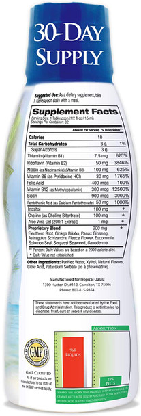 Premium Liquid B Complex Vitamin- Fast Absorbing Liquid B-Complex Supplement w/ all 8 B-vitamins, PLUS energizing herbal blend w/ Ginseng, Ginkgo, and Eleuthero Root - Vegan, NON-GMO - 16oz, 32 Serv