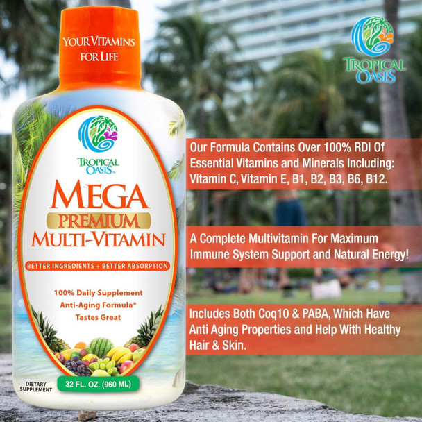 Mega Premium Liquid Multivitamin | Natural Immune Support Vitamin W/ 1333% Vitamin C, 200% D3, Zinc + 20 Vitamins, 70 Minerals, & 21 Amino Acids | Sugar Free | Orange Flavor | 98% Absorption | 32 Serv