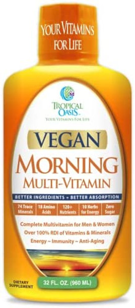 Tropical Oasis - Vegan Morning Liquid Multivitamins, Daily Liquid Vitamins with 74 Trace Minerals, 18 Amino Acids, and 10 Herbs, 32fl oz (960ml, 32 Servings)