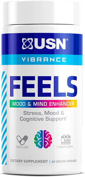 USN Feels Mood & Mind Supplement, Nootropic Brain Supplement - Focus, Concentration & Memory Support - Stress, Mood & Cognitive Supplement - 60 Capsules