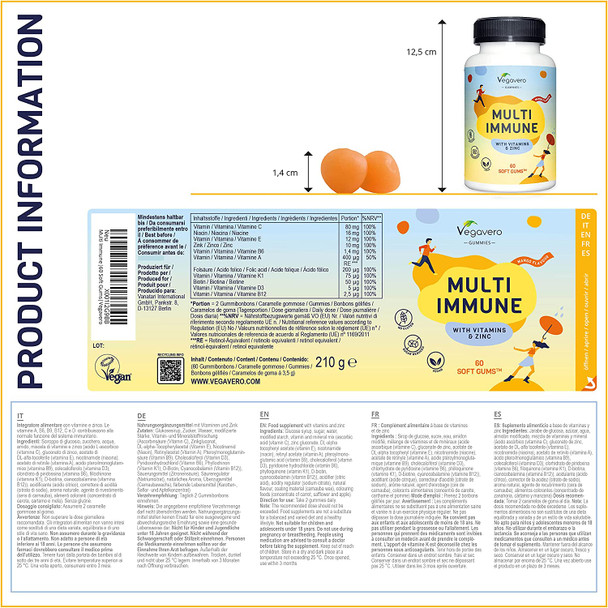 Multivitamin Gummies for Adults Vegavero® | Vegan | with Vitamins C, D3, B12, B9 (Folic Acid), B3, Biotin & Zinc | NO Preservatives | Immune System Support | 60 Gums