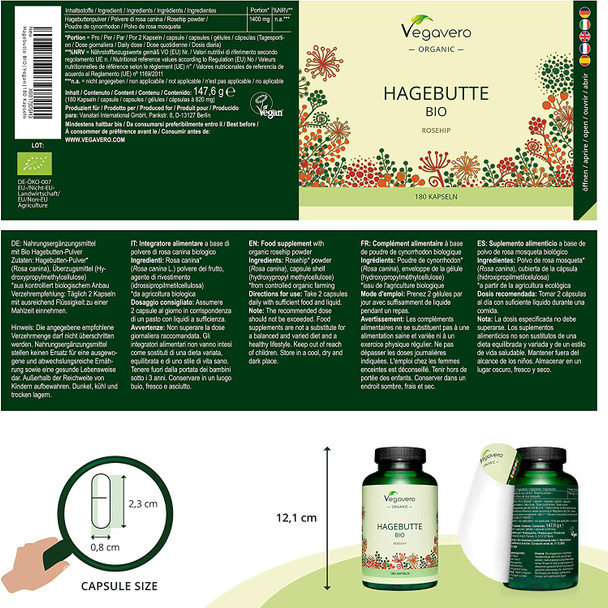 Rosehip Vegavero® | 100% Organic | 180 Vegan Capsules | Raw Quality - 1400mg | NO Additives & Non-GMO