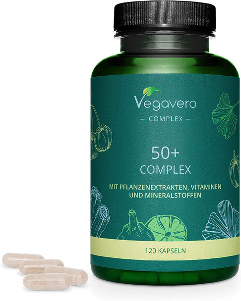 50 Plus Complex Vegavero® | NO Additives | 120 Capsules | Natural Combination | with Black Garlic, Cinnamon & Ginkgo Biloba Extracts | Vegan | Added Vitamin B12, Vitamin D, Calcium & Magnesium