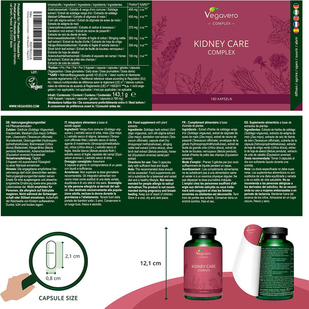 Kidney Care Complex Vegavero® | NO Additives | 100% Natural | Vegan | 180 Capsules | with Highly Dosed Extracts | with Goldenrod, Corn Silk, Stinging Nettle, Silver Birch & Horsetail