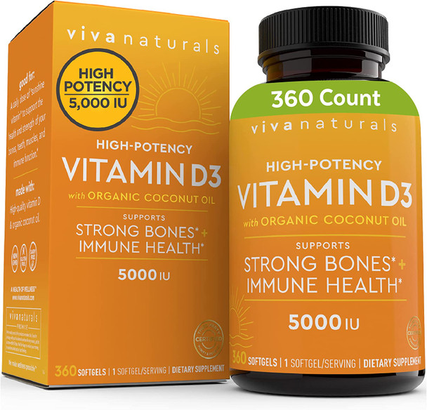 Vitamin D3 5000 IU (360 Softgels) - High Potency Vitamin D Supplements for Healthy Immune Function, Bones & Muscles, Made with Organic Coconut Oil